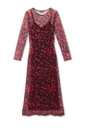 Red Cherry Mesh Soho Dress with a digital cherry print, sheer long sleeves and a matching slip.