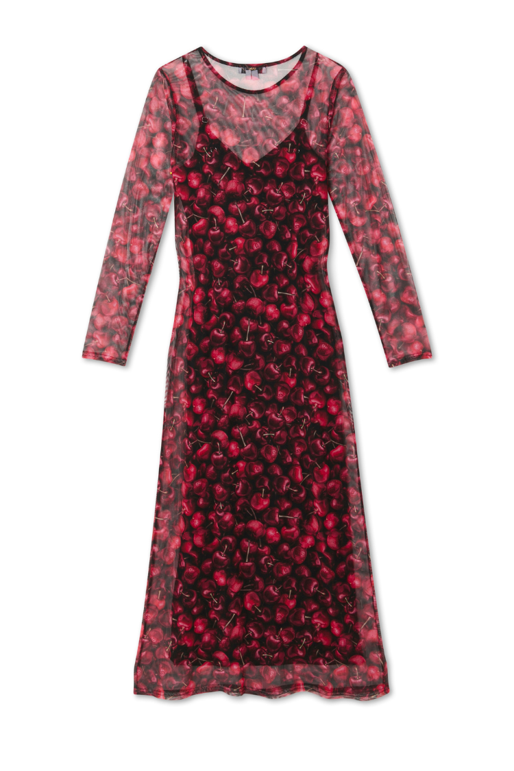 Red Cherry Mesh Soho Dress with a digital cherry print, sheer long sleeves and a matching slip.
