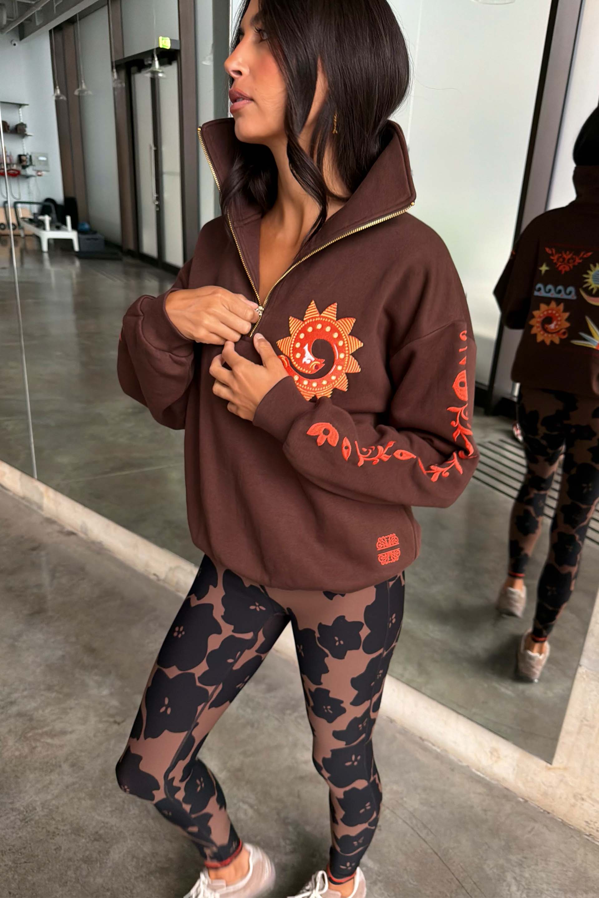 Chocolate Embroidered Quarter Zip Sweatshirt | Never Fully Dressed