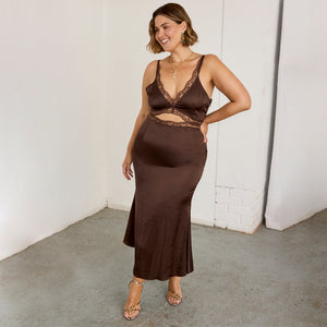 Chocolate Mimi Dress with lace trims and an under-bust cutout, highlighting inclusive sizing in a rich brown hue.