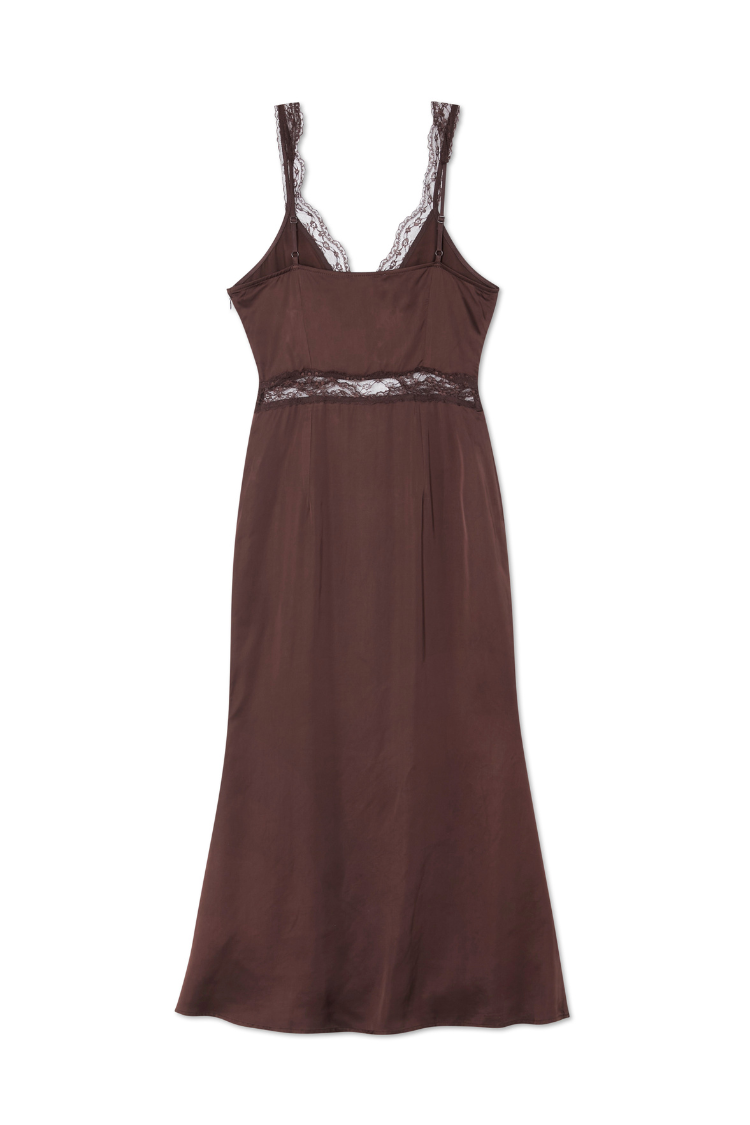 Chocolate Mimi Dress in a rich brown midi length with lace trims and adjustable back straps.