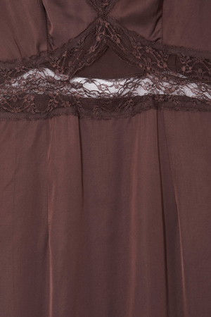 Chocolate Mimi Dress detail highlighting the intricate brown lace trim and under-bust cutout design.