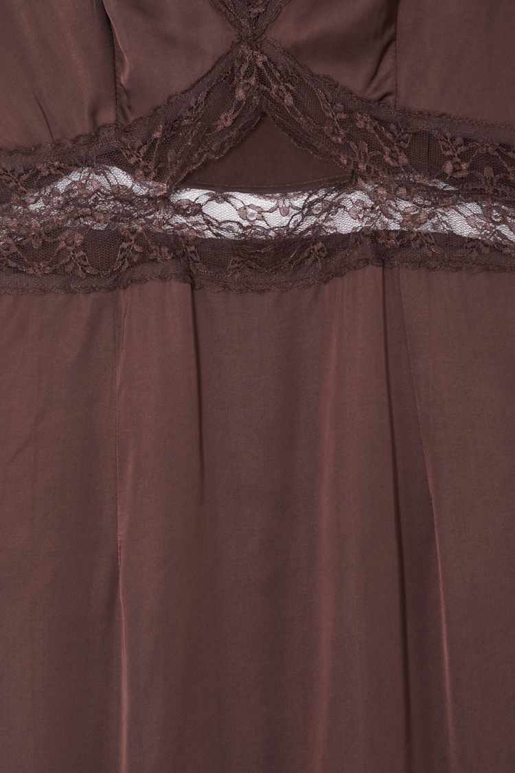 Chocolate Mimi Dress detail highlighting the intricate brown lace trim and under-bust cutout design.