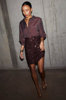 Thumbnail for caption_Model wears Chocolate Sequin Mini Jaspre Skirt in UK size 10/ US 6