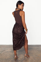 Thumbnail for caption_Model wears  Chocolate Sequin Jaspre Skirt in UK size 10/ US 6