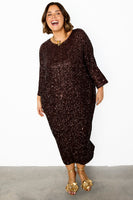 Thumbnail for caption_Model wears Chocolate Sequin Jem Dress in UK size 18/ US 14