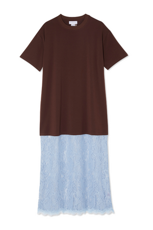 Chocolate brown Cara T-shirt dress with a cotton top and a contrasting blue floral lace skirt.