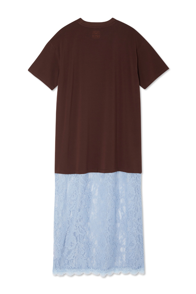 Chocolate Cara T Shirt Dress featuring a brown cotton top and blue lace skirt insert, back view.