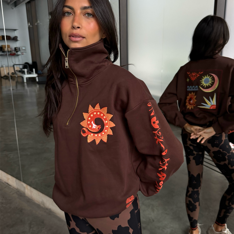 Chocolate Embroidered Quarter Zip Sweatshirt