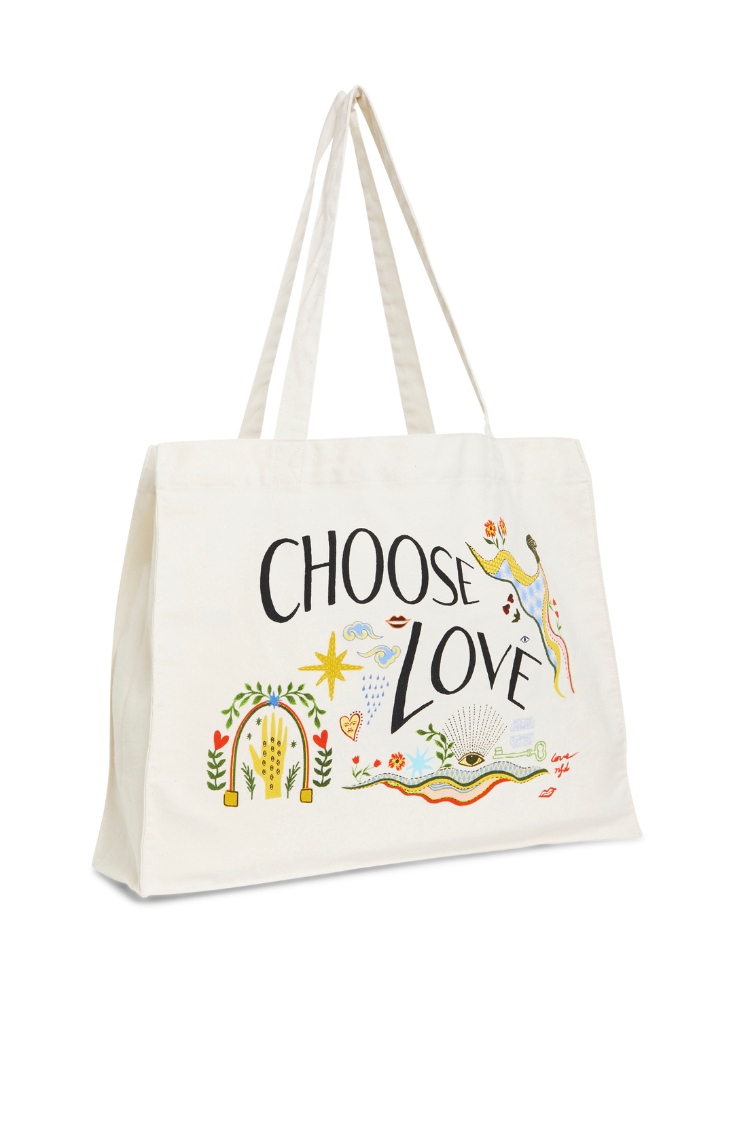 Choose Love X NFD Recycled Tote Bag in cream with colourful illustrative graphics and black text.
