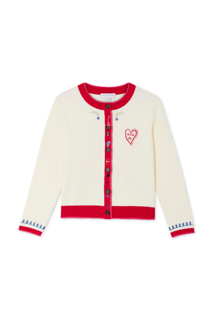 Cream Choose Love Cardigan featuring red ribbed trims, embroidered heart and star motifs, and blue scalloped cuffs.