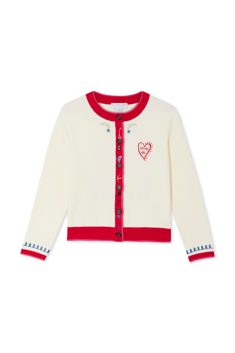 Cream Choose Love Cardigan featuring red ribbed trims, embroidered heart and star motifs, and blue scalloped cuffs.