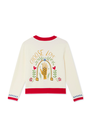 White knit Choose Love Cardigan featuring a colourful rainbow and 'Choose Love' embroidery on the back.