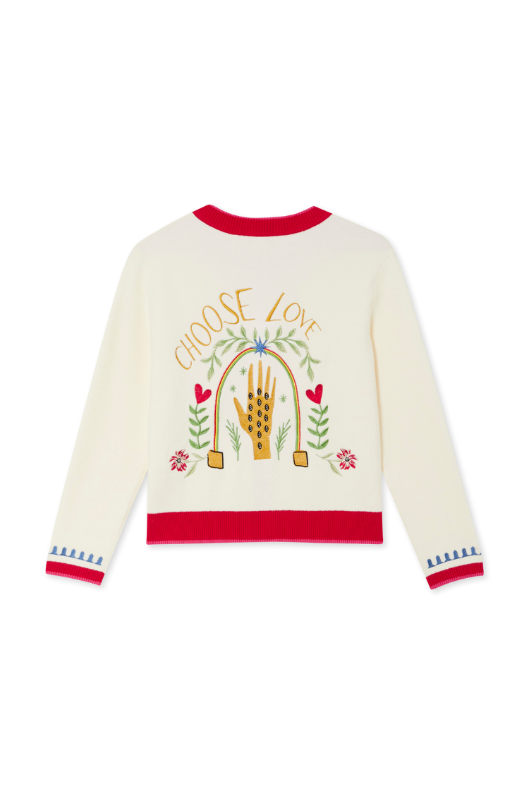 White knit Choose Love Cardigan featuring a colourful rainbow and 'Choose Love' embroidery on the back.