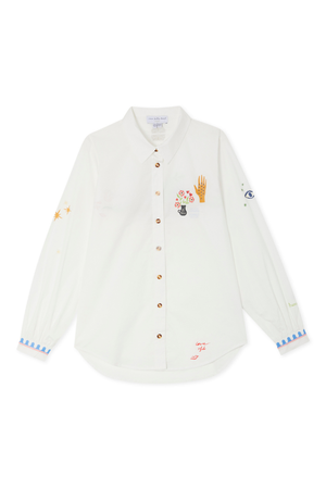 Choose Love Miley Shirt in white cotton featuring colourful embroidery, tortoiseshell buttons and scalloped blue cuffs.