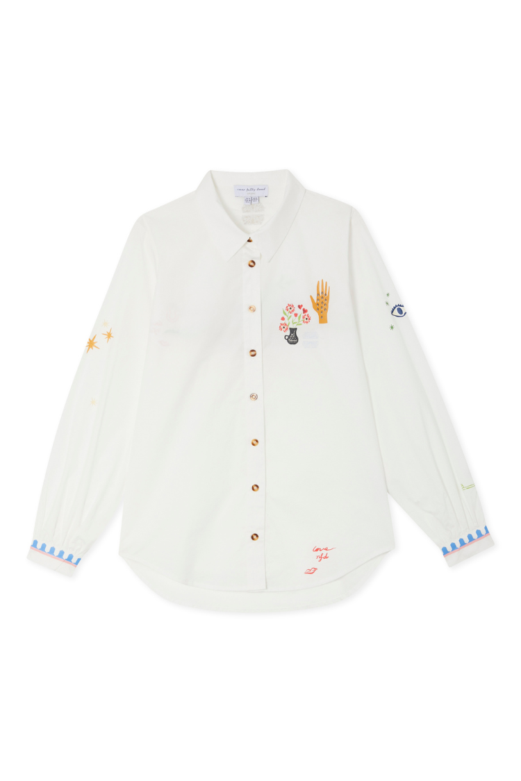 Choose Love Miley Shirt in white cotton featuring colourful embroidery, tortoiseshell buttons and scalloped blue cuffs.