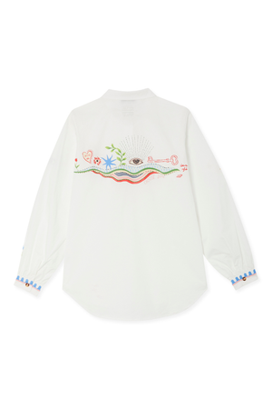 White cotton Choose Love Miley Shirt featuring a colourful back illustration and scalloped cuffs, designed in London.
