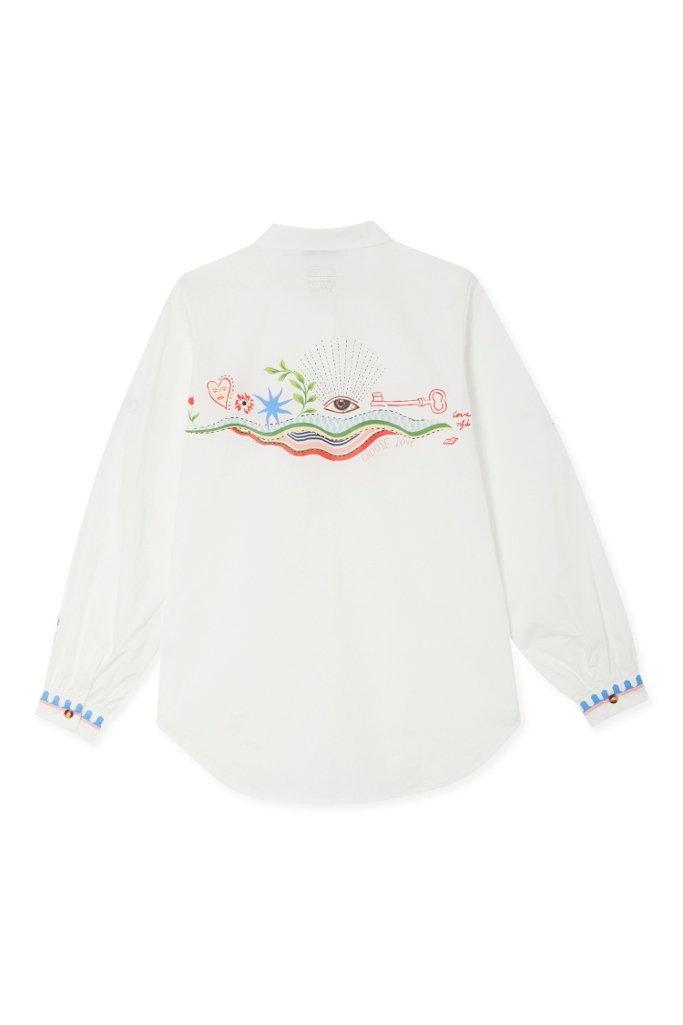 White cotton Choose Love Miley Shirt featuring a colourful back illustration and scalloped cuffs, designed in London.