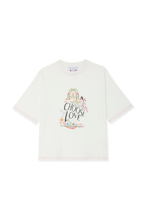 White cotton Choose Love T-Shirt with vibrant illustrations and red contrast stitching at the collar and hems.