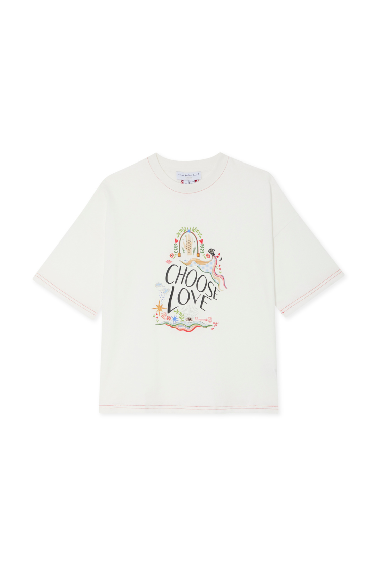 White cotton Choose Love T-Shirt with vibrant illustrations and red contrast stitching at the collar and hems.