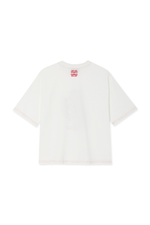 White 100% cotton Choose Love T-Shirt back view with red contrast stitching and neck logo, designed in London.