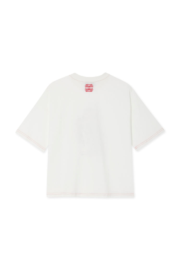 White 100% cotton Choose Love T-Shirt back view with red contrast stitching and neck logo, designed in London.