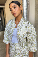 Thumbnail for caption_Model wears Cream and Lime Animal Jacquard Bomber in S
