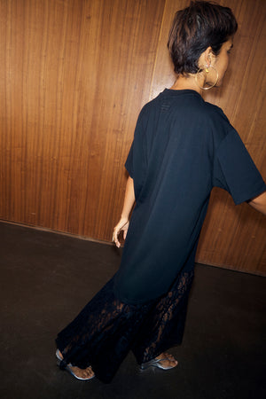 Black Dance Sequin Cara T Shirt Dress featuring a cotton top and attached lace skirt, seen from the back.