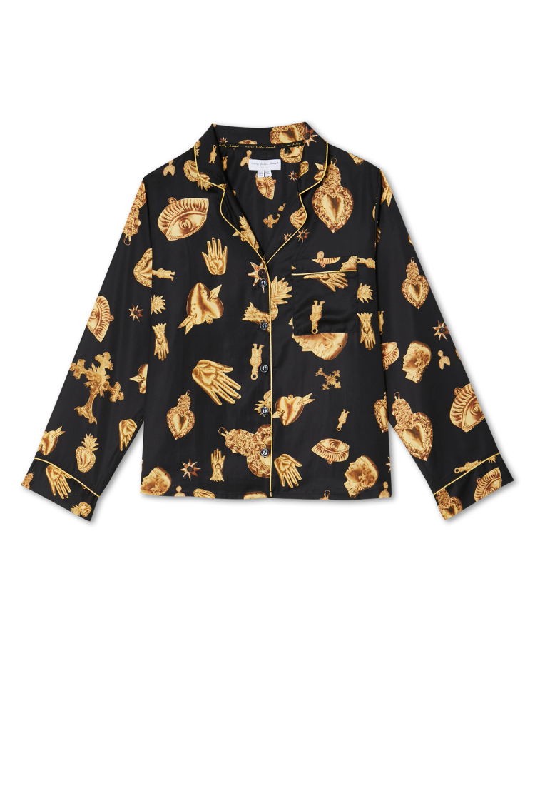 Deloris Button Through Pyjama shirt in black with gold hand, heart and eye motifs and contrast piping.