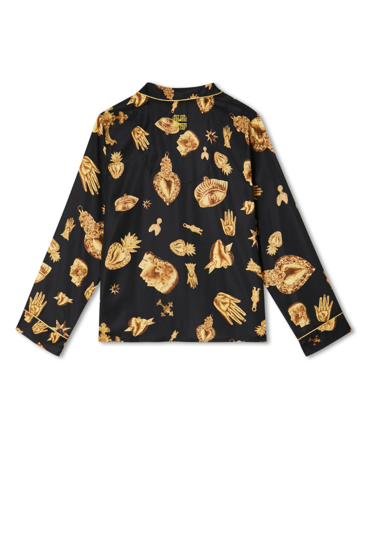 Deloris Pyjama shirt in black with iconic gold hand, heart and eye motifs, long sleeves and piped cuffs.