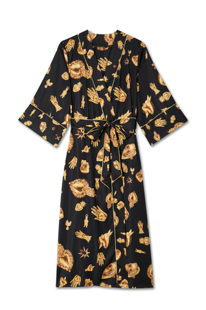 Black satin Deloris robe with gold-tone hand, eye and heart motifs, a wrap front and a matching waist tie.