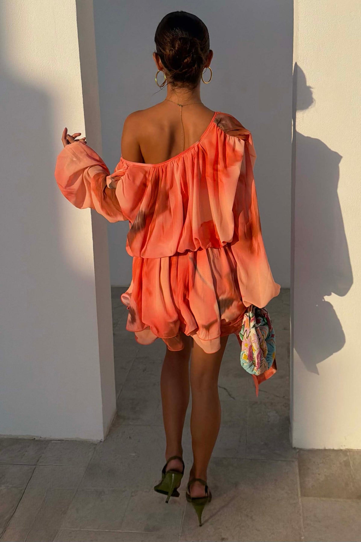 Peach orange Blurred Floral Ella Mini Dress with flute sleeves and ruffled tiers in a multi-wear off-shoulder look.