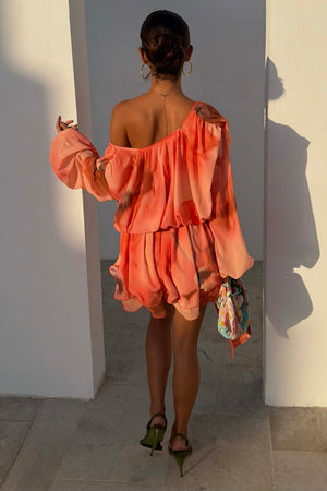 Peach orange Blurred Floral Ella Mini Dress with flute sleeves and ruffled tiers in a multi-wear off-shoulder look.