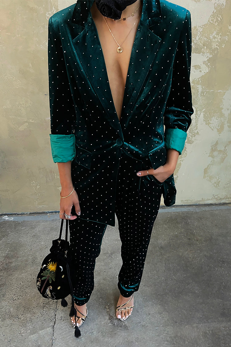 Model wearing Emerald Velvet Quinn Blazer