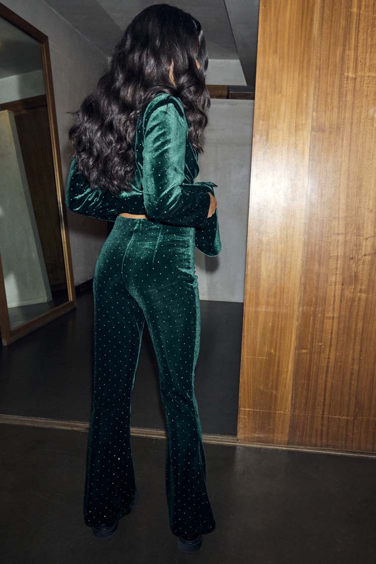 Emerald Velvet Trousers with diamond studs, shown from the back with a matching blazer.