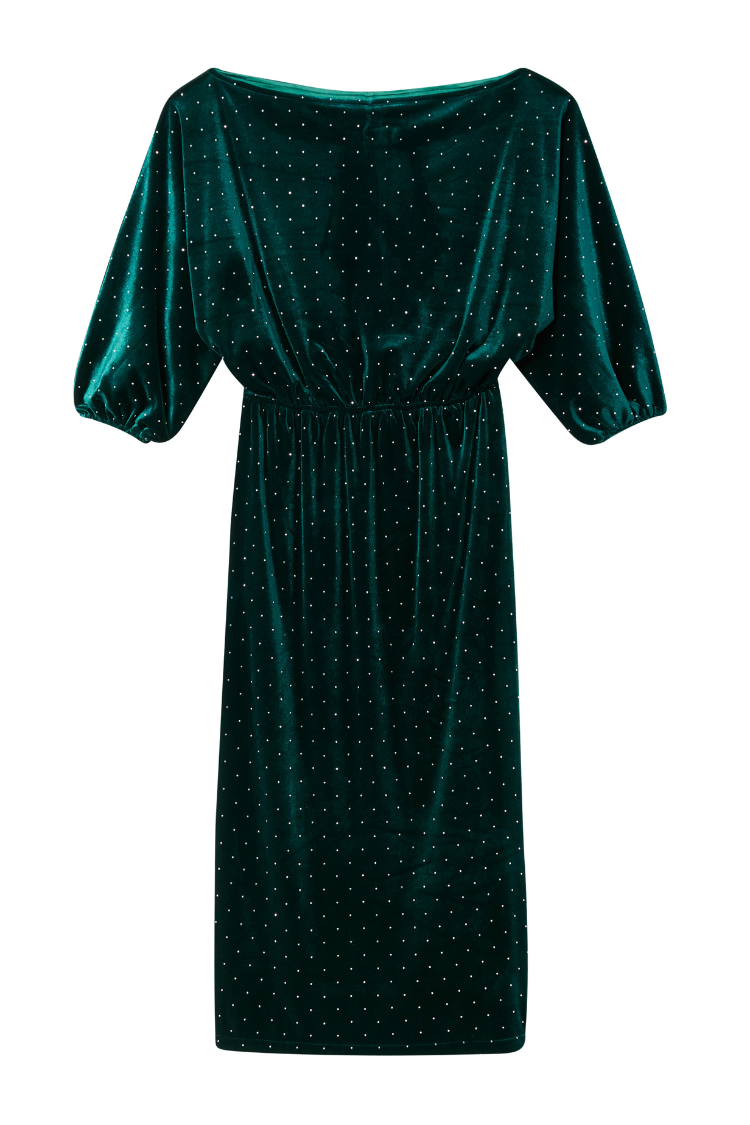 Emerald green velvet Tilly Dress featuring shimmering silver dots and voluminous sleeves.
