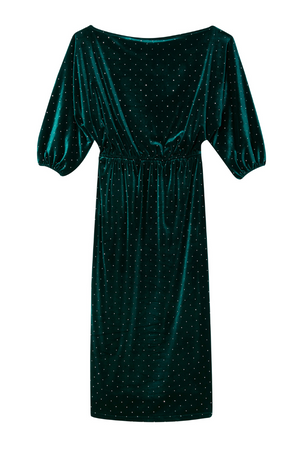 Emerald Velvet Tilly Dress featuring white polka dots, an off-the-shoulder neckline and voluminous sleeves.