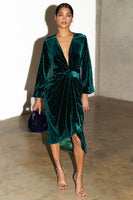 Thumbnail for caption_Model wears Emerald Velvet Violet Wrap Dress in UK 8 / US 4