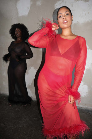 Red Feather Mesh Dress