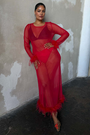 Red Feather Mesh Dress