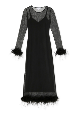 Black mesh midi dress featuring long sleeves with detachable feather cuffs and a matching feather-trimmed hem.