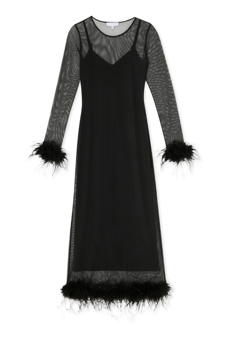 Black mesh midi dress featuring long sleeves with detachable feather cuffs and a matching feather-trimmed hem.