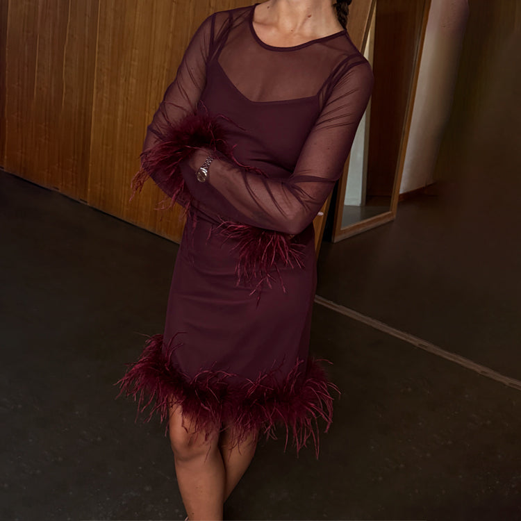 Wine Mesh Feather Mini Dress Never Fully Dressed Wine Mesh Feather Mini Dress Never Fully Dressed
