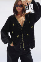 Thumbnail for Black Pointelle Knit Cardigan With Gold Fish