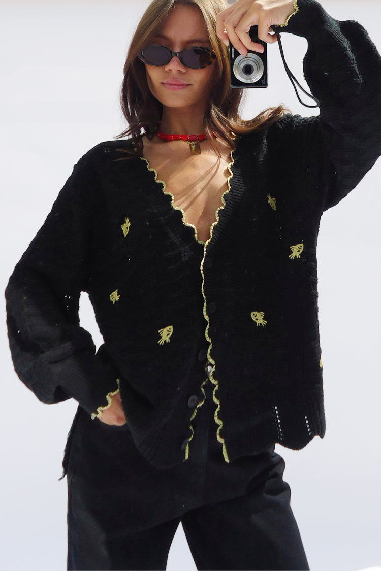 Black Pointelle Knit Cardigan With Gold Fish