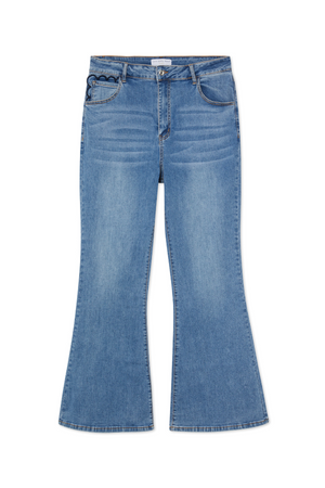 Jeans flare Blue Denim Scallop con silhouette anni '70 e ricamo smerlato sulla tasca.