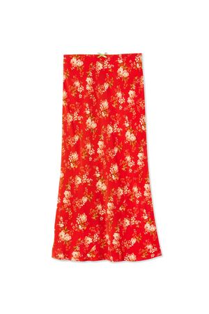 Red Floral Midi Skirt featuring a white flower print, elasticated waistband, and a small contrast green bow.
