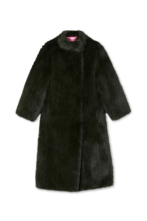 Longline Green Faux Fur Coat with a relaxed silhouette and pop of hot pink lining, shown on a white background.