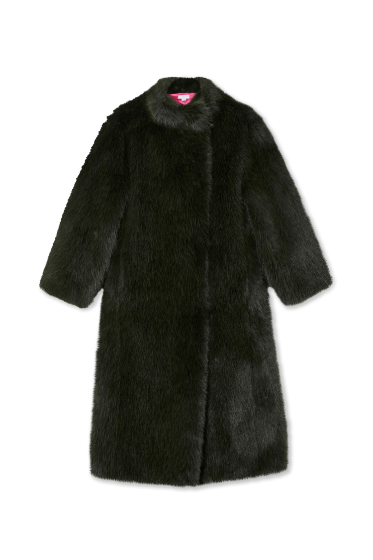 Longline Green Faux Fur Coat with a relaxed silhouette and pop of hot pink lining, shown on a white background.
