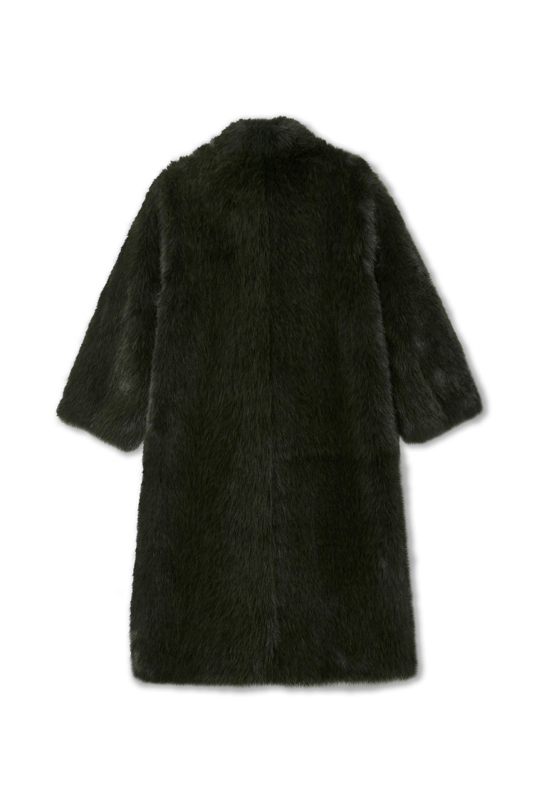 Green Faux Fur Coat with a relaxed silhouette and plush texture, shown from the back.